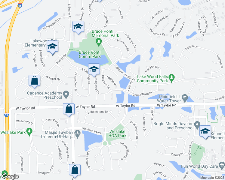 map of restaurants, bars, coffee shops, grocery stores, and more near 14287 South Hemingway Circle in Plainfield