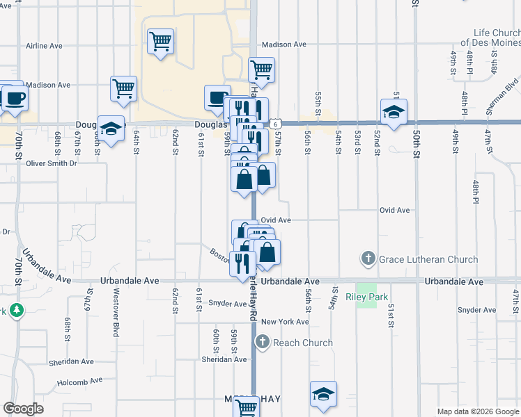 map of restaurants, bars, coffee shops, grocery stores, and more near 3401 Merle Hay Road in Des Moines