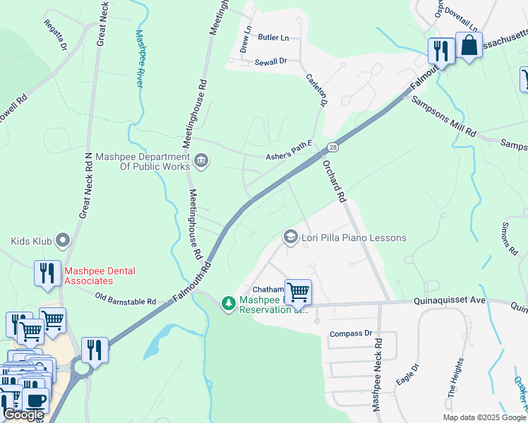 map of restaurants, bars, coffee shops, grocery stores, and more near 300 Falmouth Rd in Mashpee