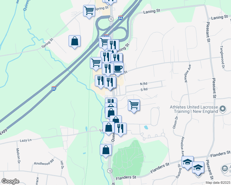 map of restaurants, bars, coffee shops, grocery stores, and more near 301 Queen Street in Southington