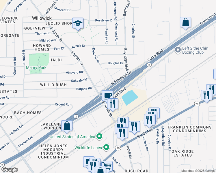 map of restaurants, bars, coffee shops, grocery stores, and more near 114 Beery Drive in Willowick