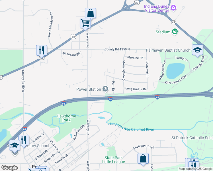 map of restaurants, bars, coffee shops, grocery stores, and more near 1107 Penny Lane in Chesterton