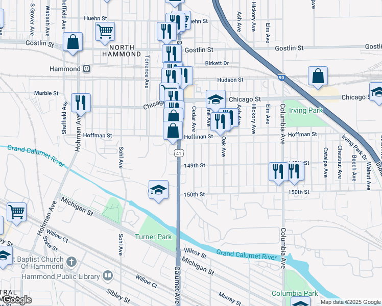 map of restaurants, bars, coffee shops, grocery stores, and more near 4845 Calumet Avenue in Hammond