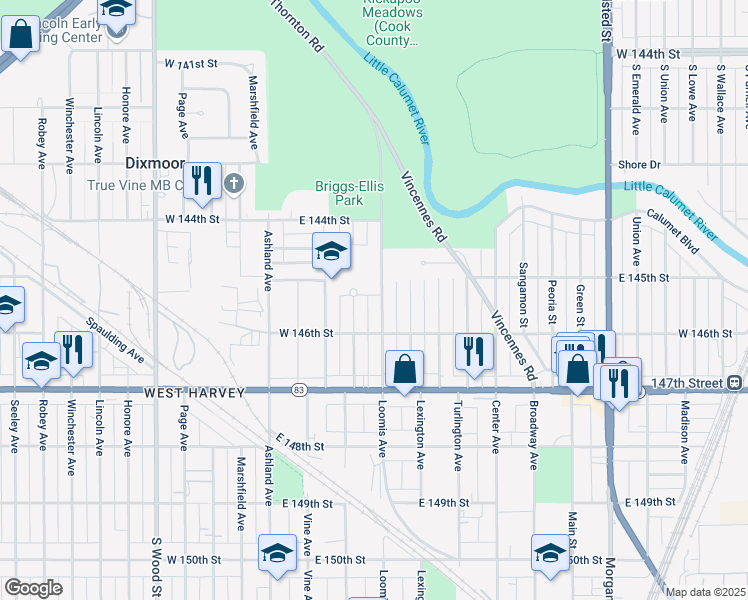 map of restaurants, bars, coffee shops, grocery stores, and more near 14535 Loomis Avenue in Harvey