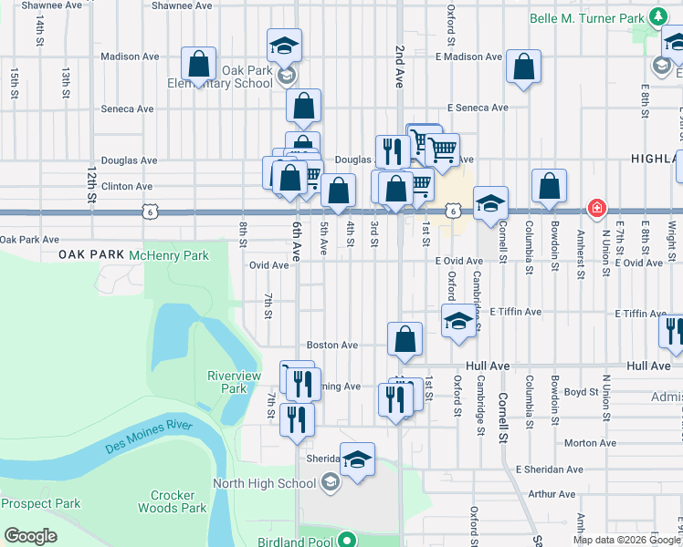 map of restaurants, bars, coffee shops, grocery stores, and more near 3222 4th Street in Des Moines