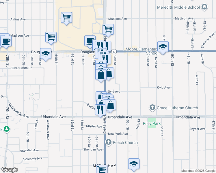 map of restaurants, bars, coffee shops, grocery stores, and more near 3401 Merle Hay Road in Des Moines