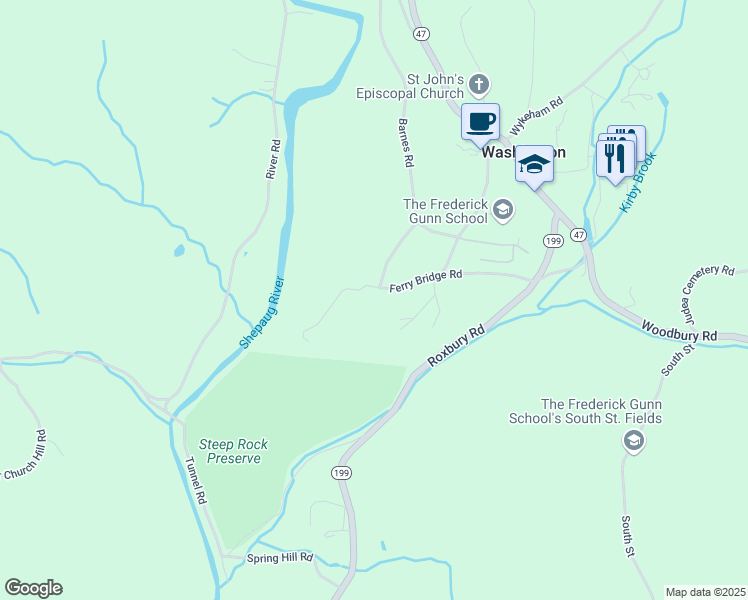 map of restaurants, bars, coffee shops, grocery stores, and more near 51 Ferry Bridge Road in Washington
