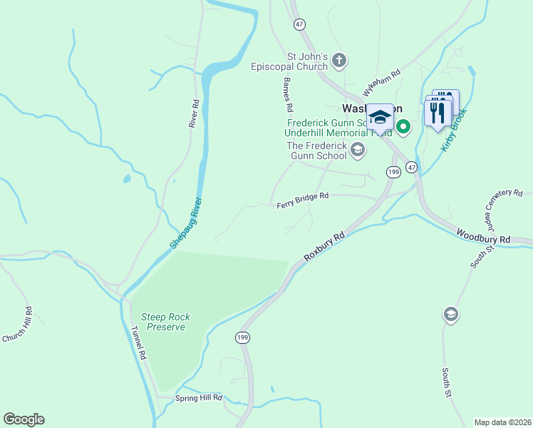 map of restaurants, bars, coffee shops, grocery stores, and more near 51 Ferry Bridge Road in Washington