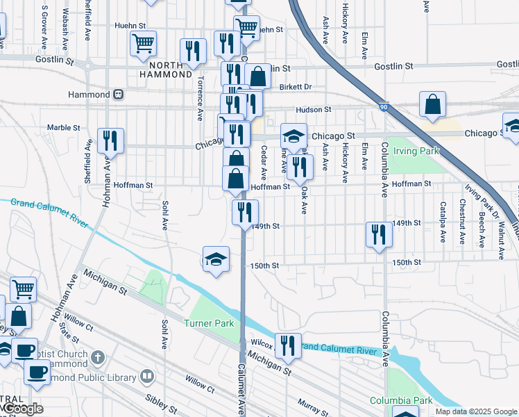 map of restaurants, bars, coffee shops, grocery stores, and more near 4830 Cedar Avenue in Hammond