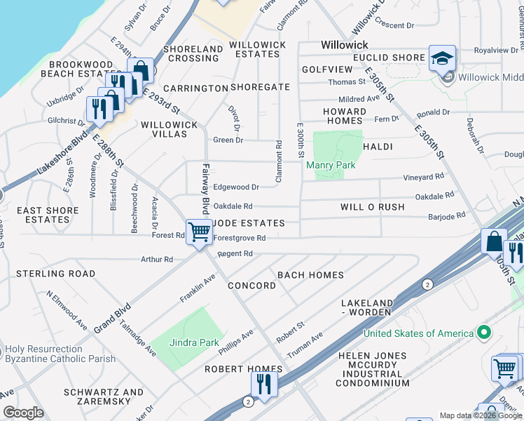 map of restaurants, bars, coffee shops, grocery stores, and more near 29164 Barjode Road in Willowick