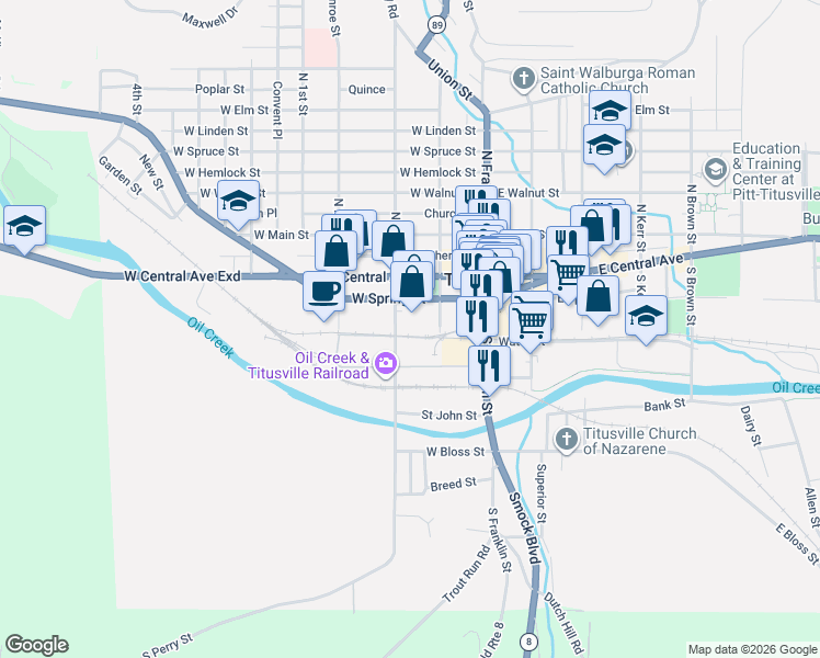 map of restaurants, bars, coffee shops, grocery stores, and more near 301-399 South Perry Street in Titusville