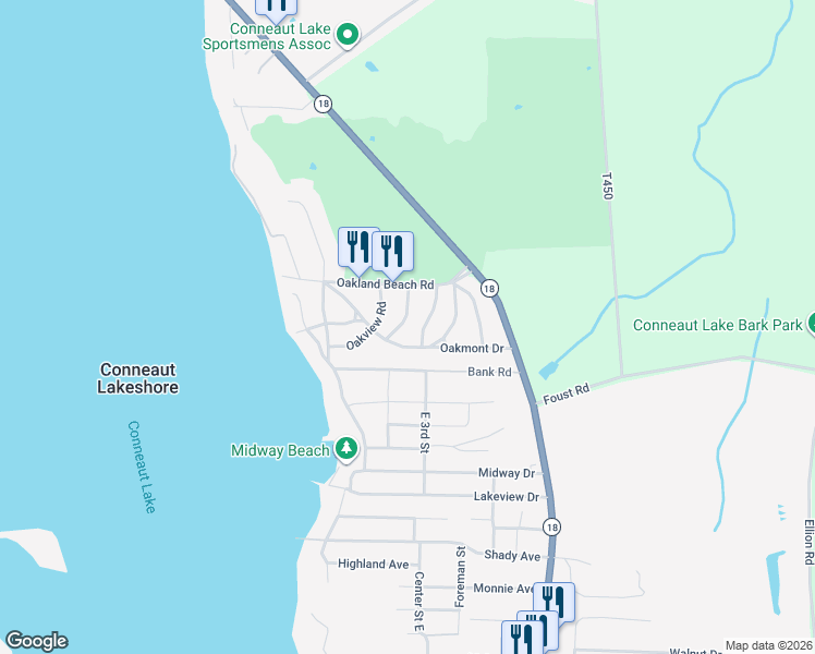 map of restaurants, bars, coffee shops, grocery stores, and more near 11938-11951 Oakmont Drive in Conneaut Lake