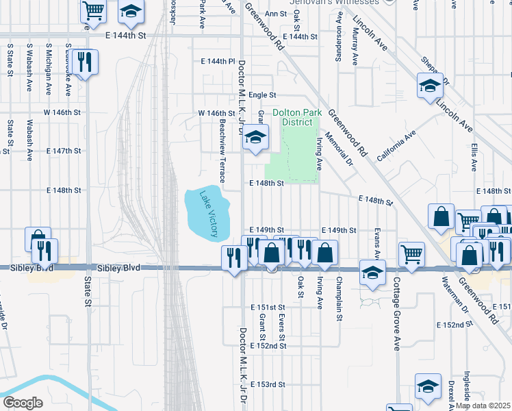 map of restaurants, bars, coffee shops, grocery stores, and more near 14833 Grant Street in Dolton