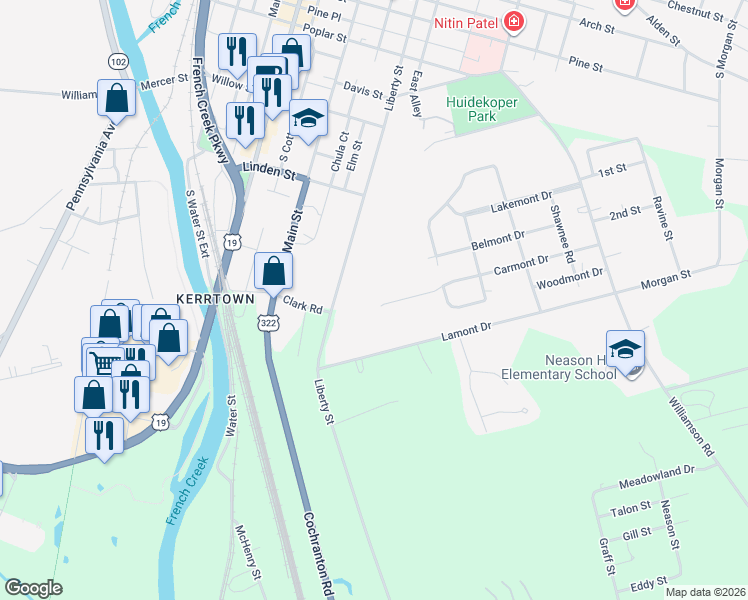 map of restaurants, bars, coffee shops, grocery stores, and more near 1294 Carmont Drive in Meadville