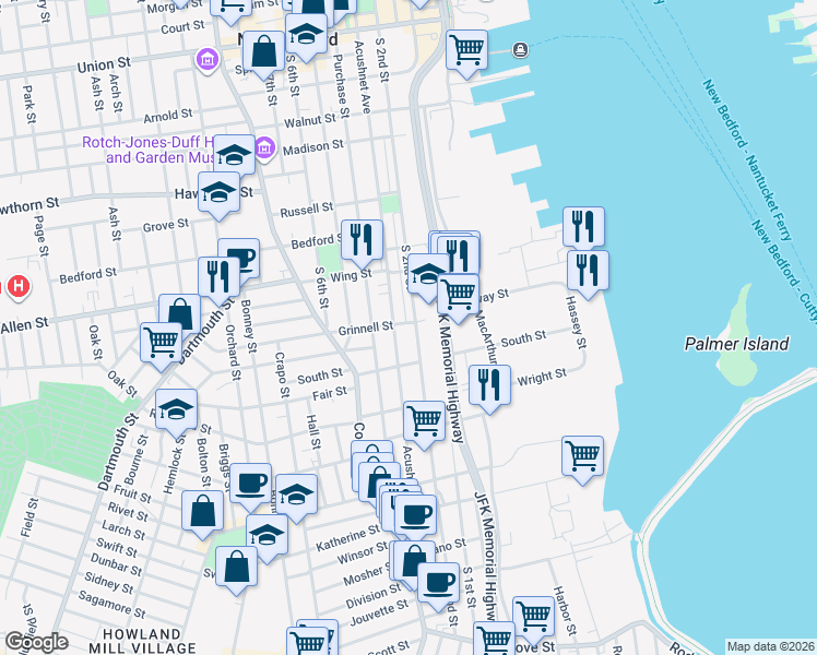 map of restaurants, bars, coffee shops, grocery stores, and more near 118 Acushnet Avenue in New Bedford