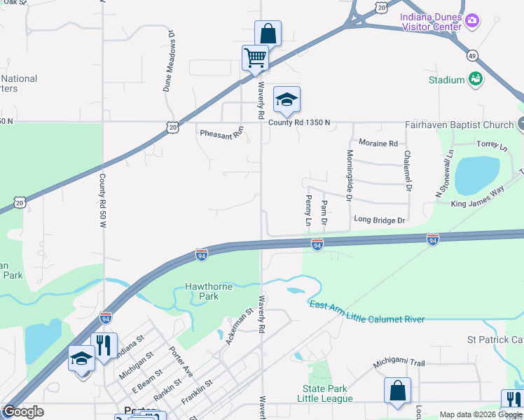 map of restaurants, bars, coffee shops, grocery stores, and more near 700 Waverly Road in Porter