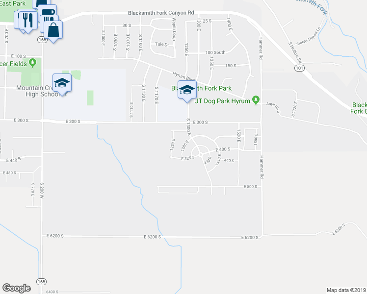 map of restaurants, bars, coffee shops, grocery stores, and more near 1285 East in Hyrum