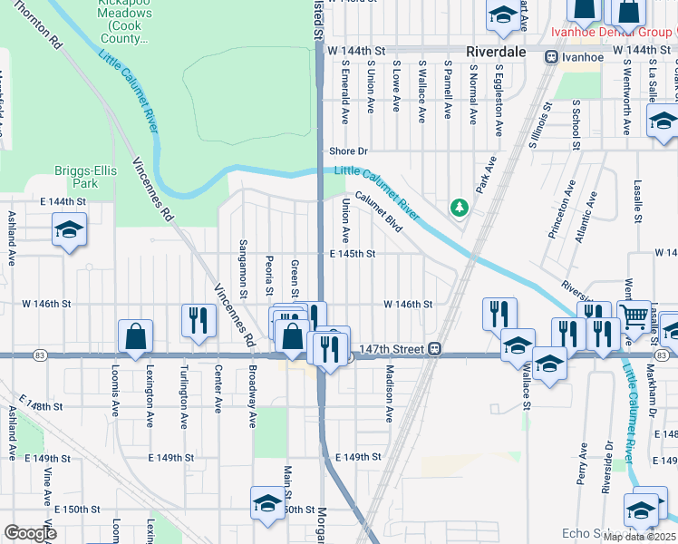 map of restaurants, bars, coffee shops, grocery stores, and more near 14516 Union Avenue in Harvey