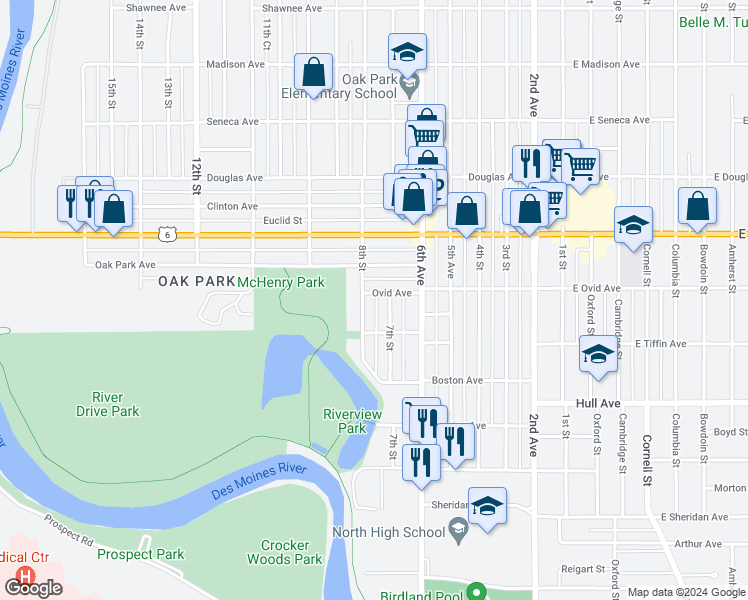 map of restaurants, bars, coffee shops, grocery stores, and more near 714 Ovid Avenue in Des Moines