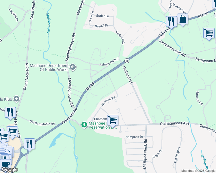 map of restaurants, bars, coffee shops, grocery stores, and more near 65 Harwich Road in Mashpee