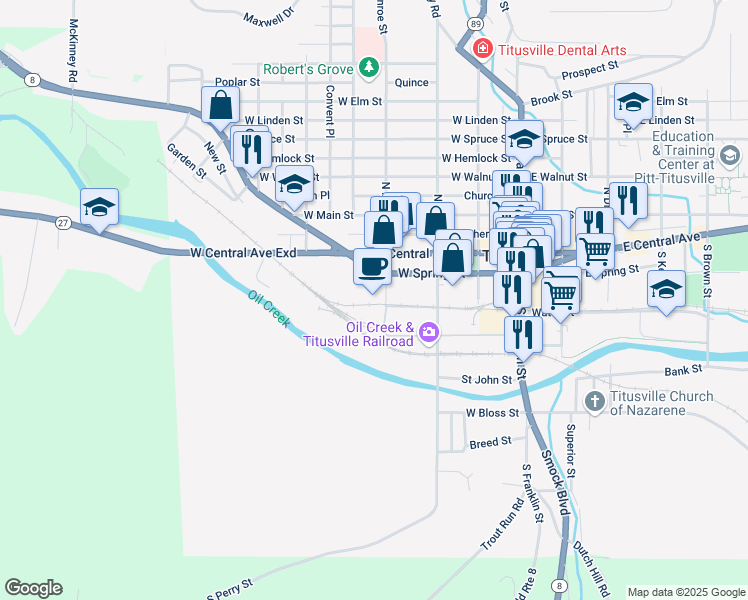 map of restaurants, bars, coffee shops, grocery stores, and more near 221 South Monroe Street in Titusville