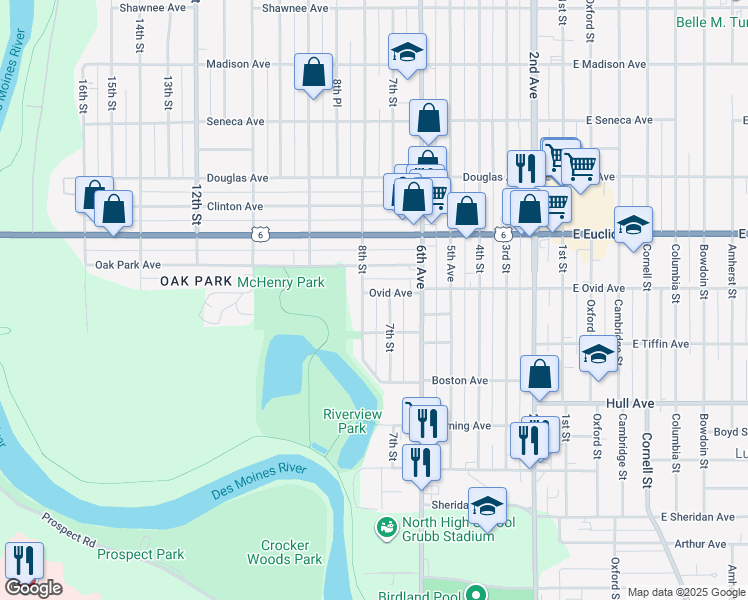 map of restaurants, bars, coffee shops, grocery stores, and more near 3211 8th Street in Des Moines