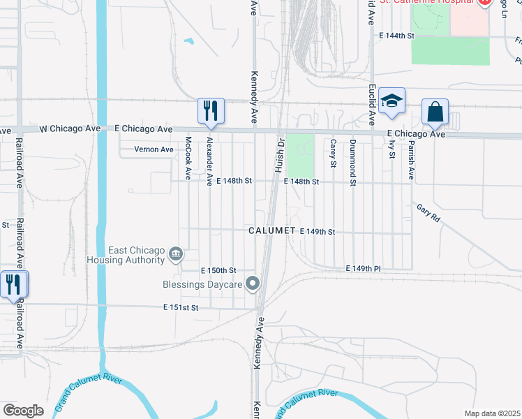map of restaurants, bars, coffee shops, grocery stores, and more near 4854 Kennedy Avenue in East Chicago