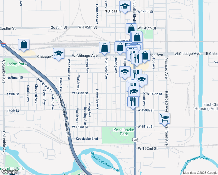 map of restaurants, bars, coffee shops, grocery stores, and more near 4861 Northcote Avenue in East Chicago