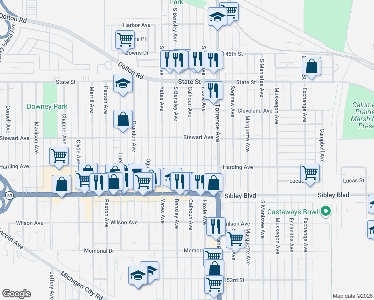 map of restaurants, bars, coffee shops, grocery stores, and more near 407 Bensley Avenue in Calumet City