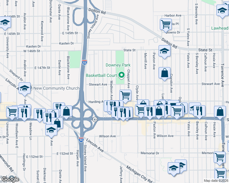 map of restaurants, bars, coffee shops, grocery stores, and more near 409 Madison Avenue in Calumet City