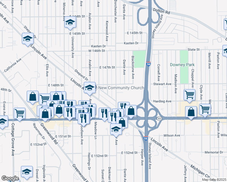 map of restaurants, bars, coffee shops, grocery stores, and more near 14867 Shepard Drive in Dolton