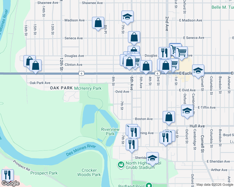 map of restaurants, bars, coffee shops, grocery stores, and more near 3211 8th Street in Des Moines