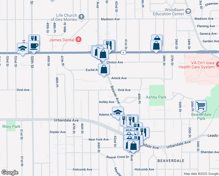 map of restaurants, bars, coffee shops, grocery stores, and more near 4308 Ovid Avenue in Des Moines