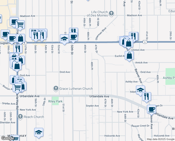 map of restaurants, bars, coffee shops, grocery stores, and more near 3302 49th Street in Des Moines