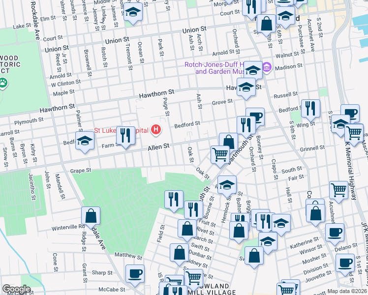 map of restaurants, bars, coffee shops, grocery stores, and more near 38 Page Street in New Bedford