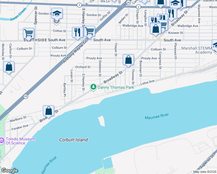 map of restaurants, bars, coffee shops, grocery stores, and more near 835 Stebbins Street in Toledo