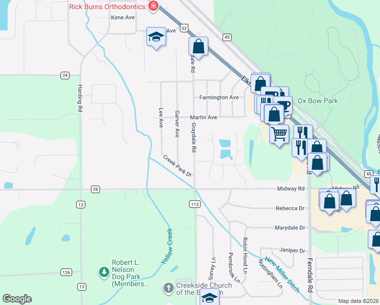 map of restaurants, bars, coffee shops, grocery stores, and more near 59883 County Road 113 in Elkhart