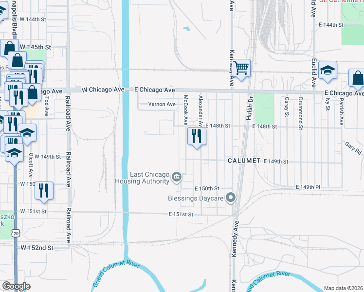map of restaurants, bars, coffee shops, grocery stores, and more near 4856 McCook Avenue in East Chicago