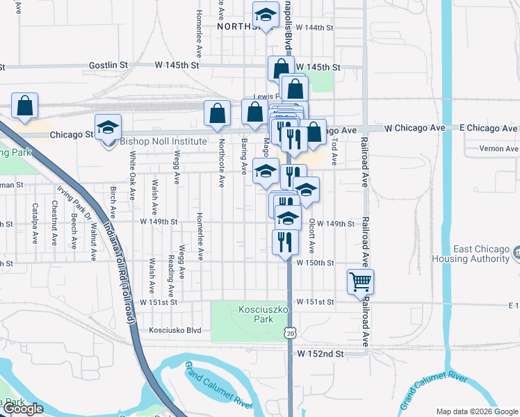 map of restaurants, bars, coffee shops, grocery stores, and more near in East Chicago