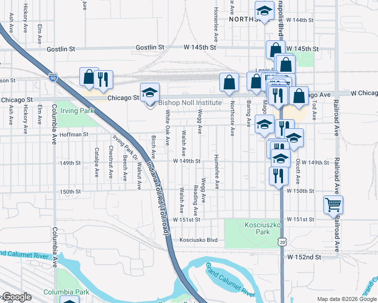 map of restaurants, bars, coffee shops, grocery stores, and more near 4859 Walsh Avenue in East Chicago