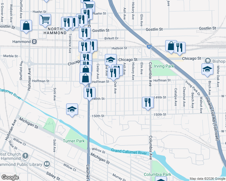 map of restaurants, bars, coffee shops, grocery stores, and more near 4846 Oak Avenue in Hammond