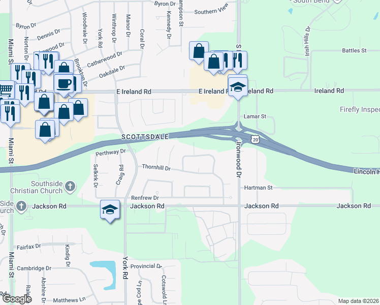 map of restaurants, bars, coffee shops, grocery stores, and more near 1926 Greenock Street in South Bend