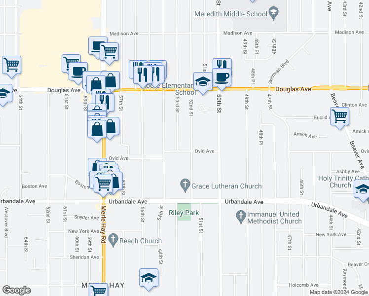 map of restaurants, bars, coffee shops, grocery stores, and more near 5211 Ovid Avenue in Des Moines