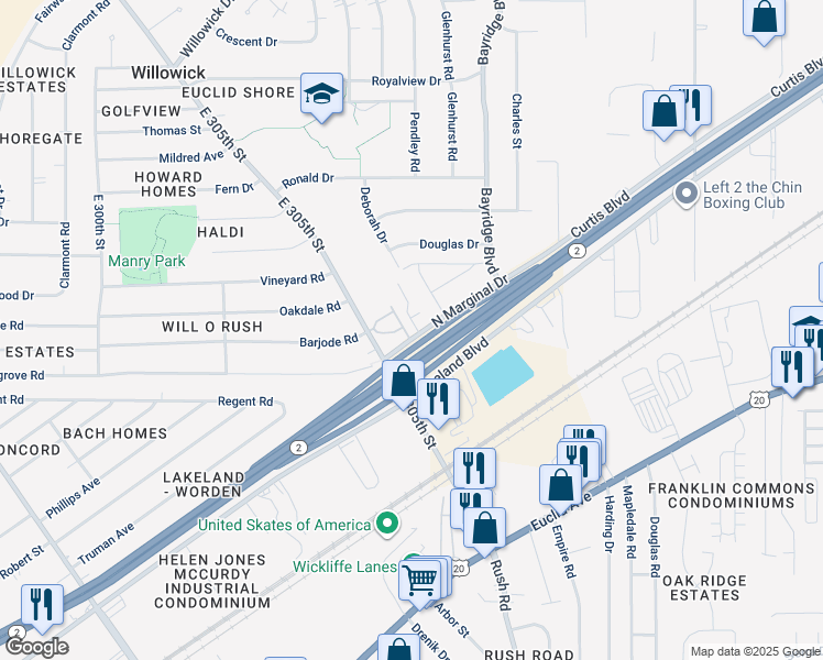 map of restaurants, bars, coffee shops, grocery stores, and more near 114 Beery Drive in Willowick