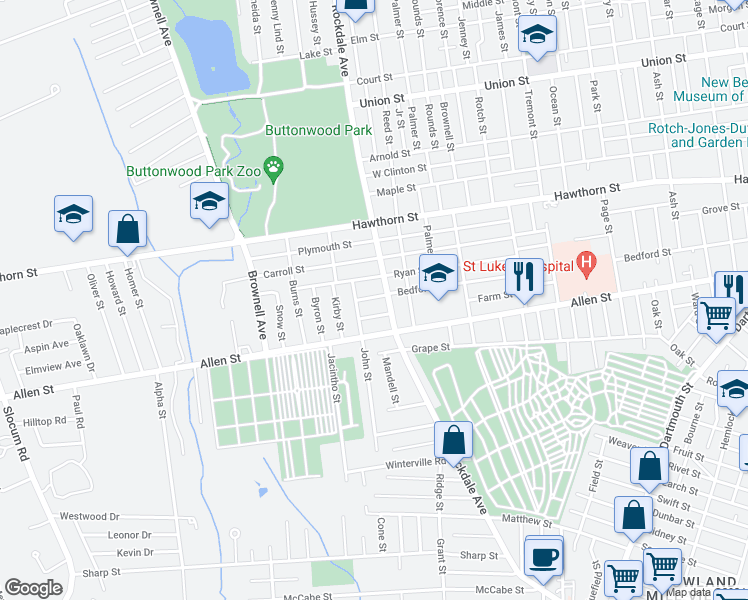 map of restaurants, bars, coffee shops, grocery stores, and more near 508 Bedford Street in New Bedford