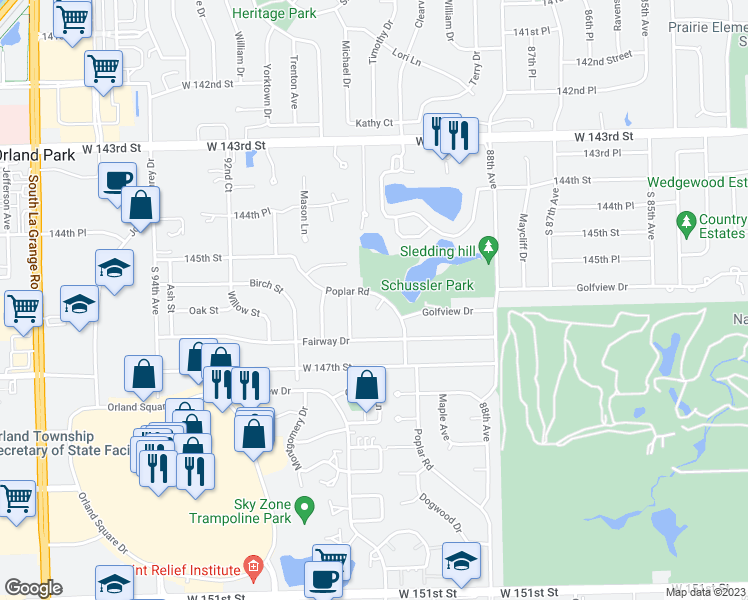 map of restaurants, bars, coffee shops, grocery stores, and more near 14613 Aspen Street in Orland Park