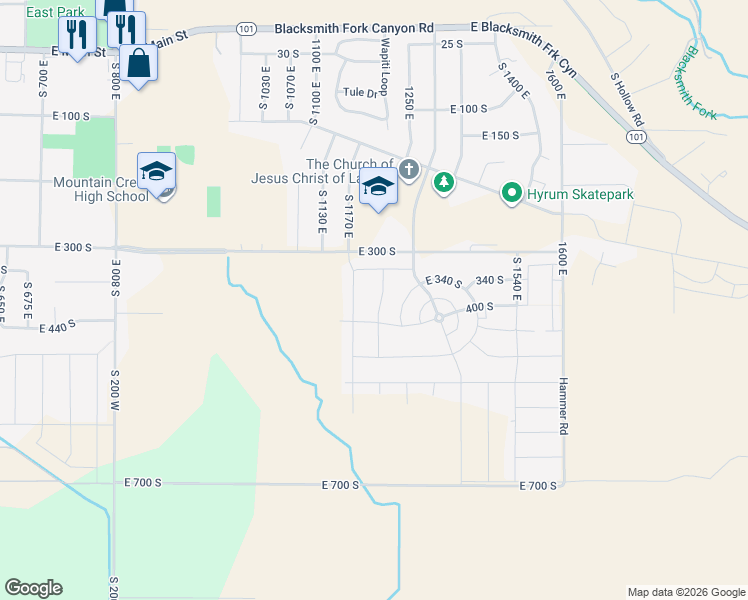 map of restaurants, bars, coffee shops, grocery stores, and more near 388 South 1250 East in Hyrum