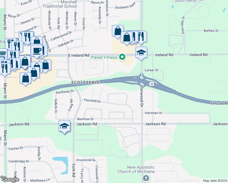 map of restaurants, bars, coffee shops, grocery stores, and more near 1935 Greenock Street in South Bend