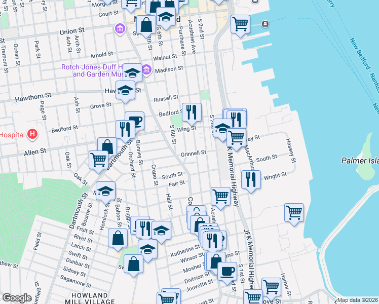 map of restaurants, bars, coffee shops, grocery stores, and more near 267 Purchase Street in New Bedford