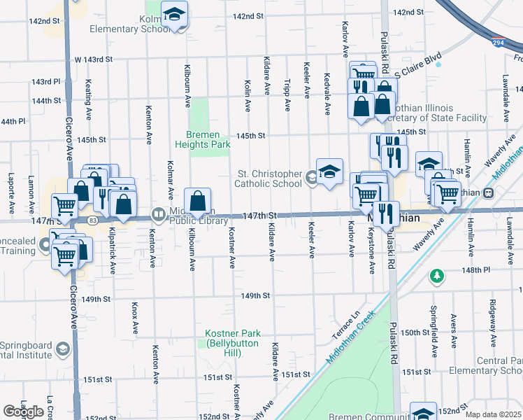 map of restaurants, bars, coffee shops, grocery stores, and more near 4312 147th Street in Midlothian